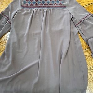 entro brand taupe dress with embroidery detail.  Size Medium. Bell sleeves.